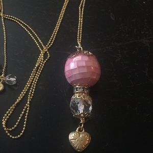 Anthro Pink ball w/ Crystal & Heart Necklace